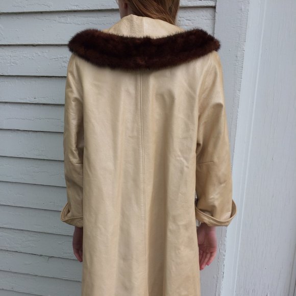 Open Front Leather Coat 60s Champagne Ivory Pleather Fur Trim Midcentury - Picture 5 of 8